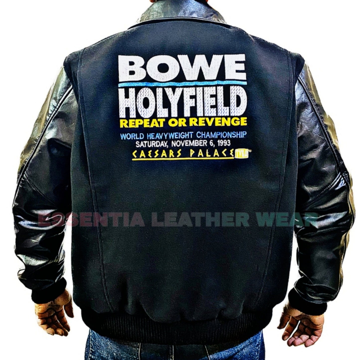 Rare Vtg Caesars Jacket, (EMB) Bowe V.S Holyfield Repeat Or Revenge Jacket NOV. 6, 1993, Wool/Leather Bomber Custom Jacket Handmade