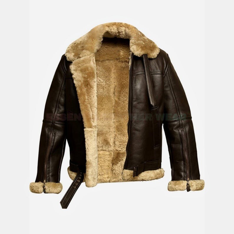Brown B3 RAF Aviator Bomber Jacket, Men's 100% Shearling Sheepskin Aviator Flight Soft Fur Bomber Cockpit Custom Pilot Jacket Handmade, Gift