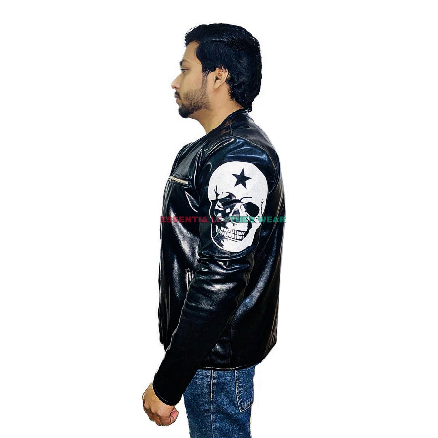 Handmade Motorcycle Black Leather Jacket with Skull Logo, Skull Print Biker Jacket , Men's biker Cafe Racer Leather Jacket, Halloween Gift