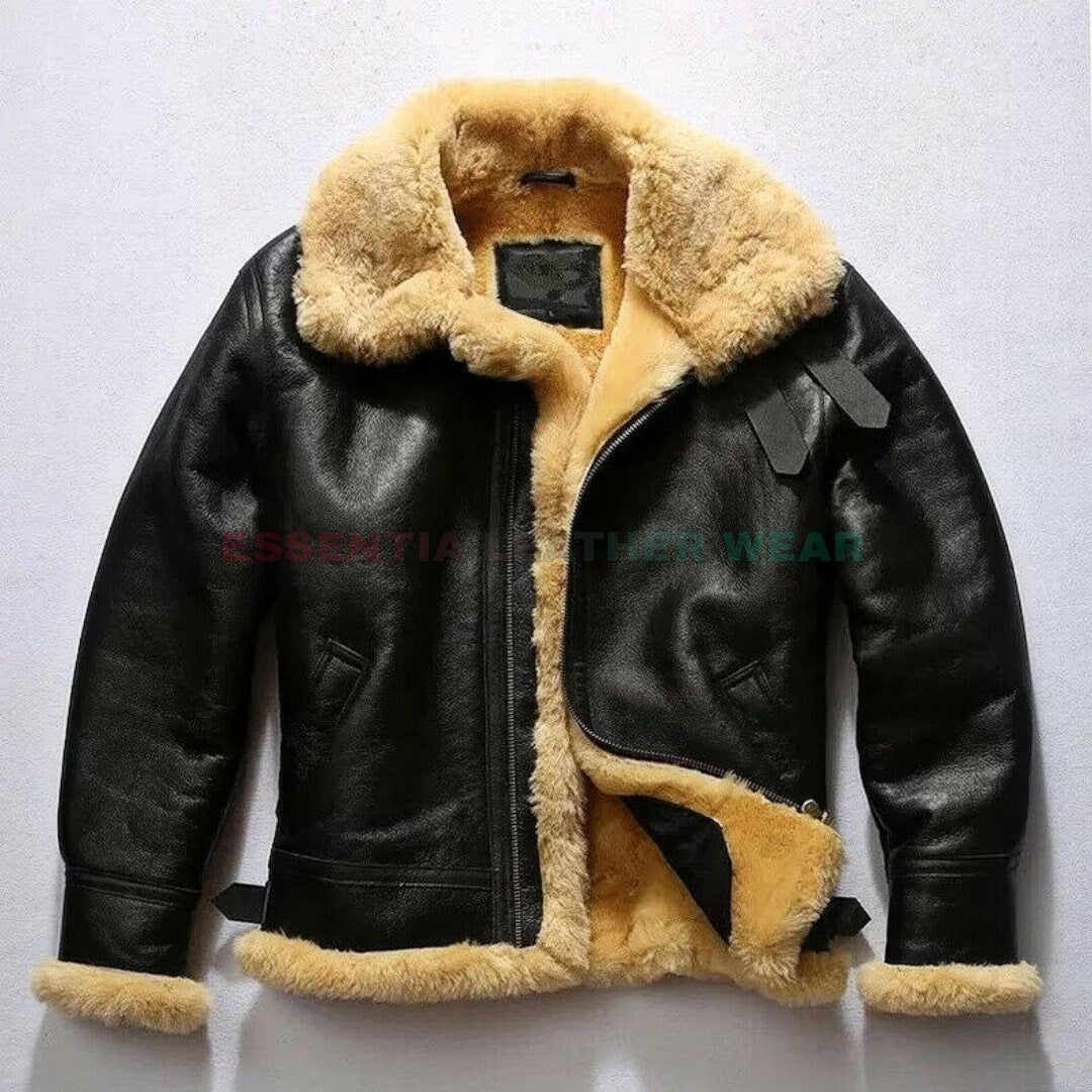 Brown B3 RAF Aviator Bomber Jacket, Men's 100% Shearling Sheepskin Aviator Flight Soft Fur Bomber Cockpit Custom Pilot Jacket Handmade, Gift
