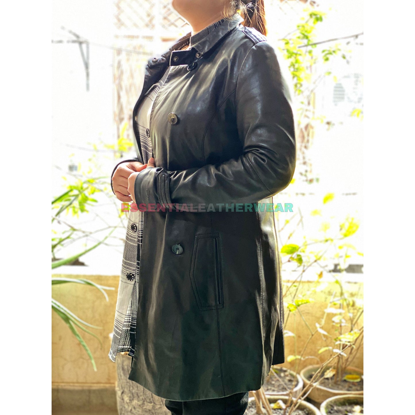 Real Sheep Leather Women Black Long Vintage Coat, Trench Design Causal Winters Handmade Medium Coat, Gift For Her, Valentine's Gift For Her