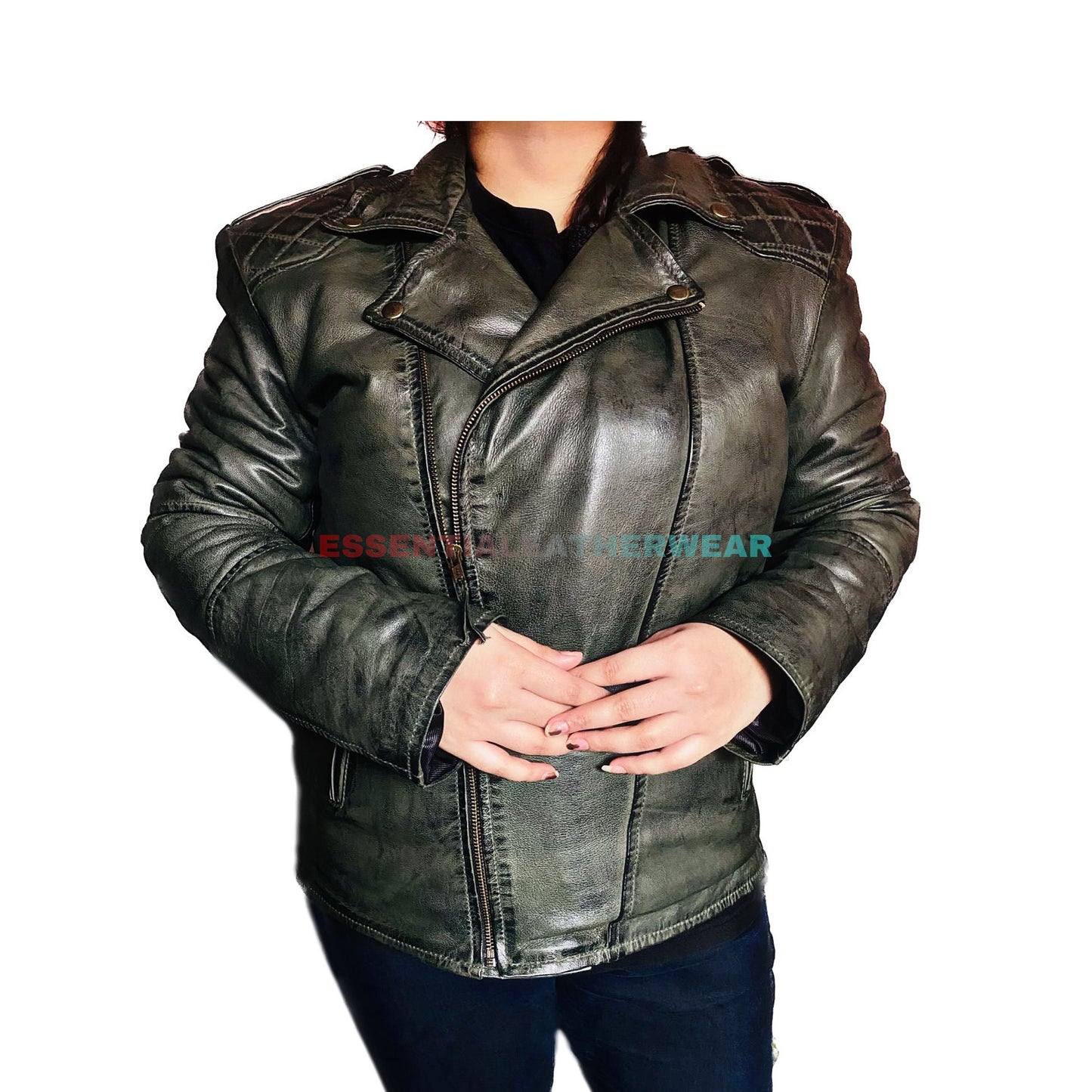 Women's Green Handmade Motorcycle Genuine Leather Biker Jacket, Women's Green Slim Fit Waxed Quilted Leather Jacket, Leather Jacket For Her