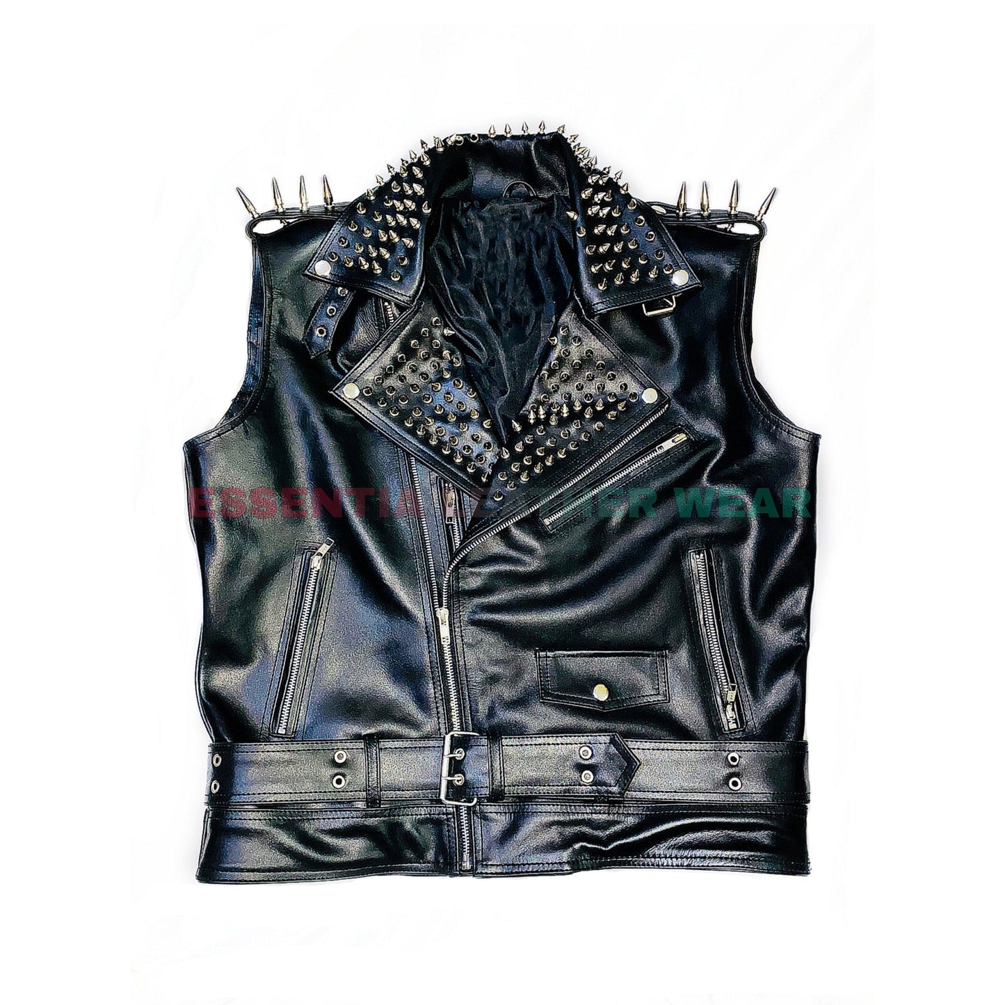 Men's Vest Jacket Black Handmade Punk Silver Long Spiked Studded Buttons Up Leather Vest Black Sleeveless Biker Studs And Spikes Vest, Gift