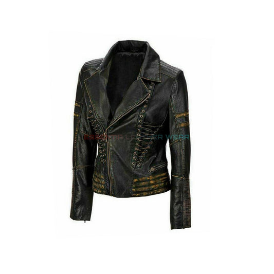 Women's Real Sheepskin Leather Motorcycle Slim Fit Distressed Biker Jacket, Women's Slim Fit Laced Biker Jacket. Best Gift For Her, Jacket