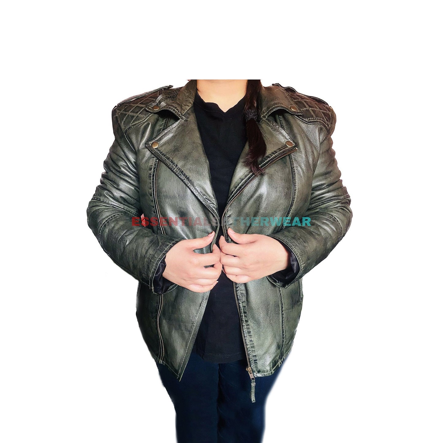 Women's Green Handmade Motorcycle Genuine Leather Biker Jacket, Women's Green Slim Fit Waxed Quilted Leather Jacket, Leather Jacket For Her