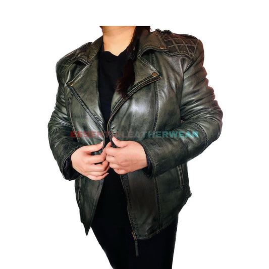 Women's Green Handmade Motorcycle Genuine Leather Biker Jacket, Women's Green Slim Fit Waxed Quilted Leather Jacket, Leather Jacket For Her