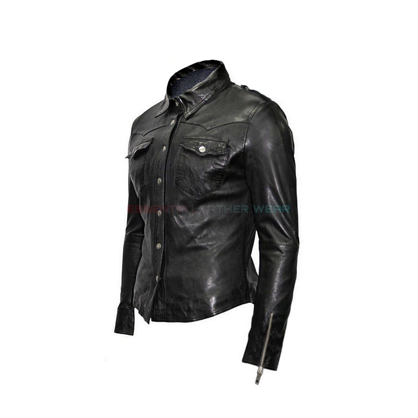 Men's Black Real Soft Lambskin Leather Handmade Fashion Shirt, Real Leather Classic Men Sheepskin Full Sleeves Party Club Wear Trucker Shirt