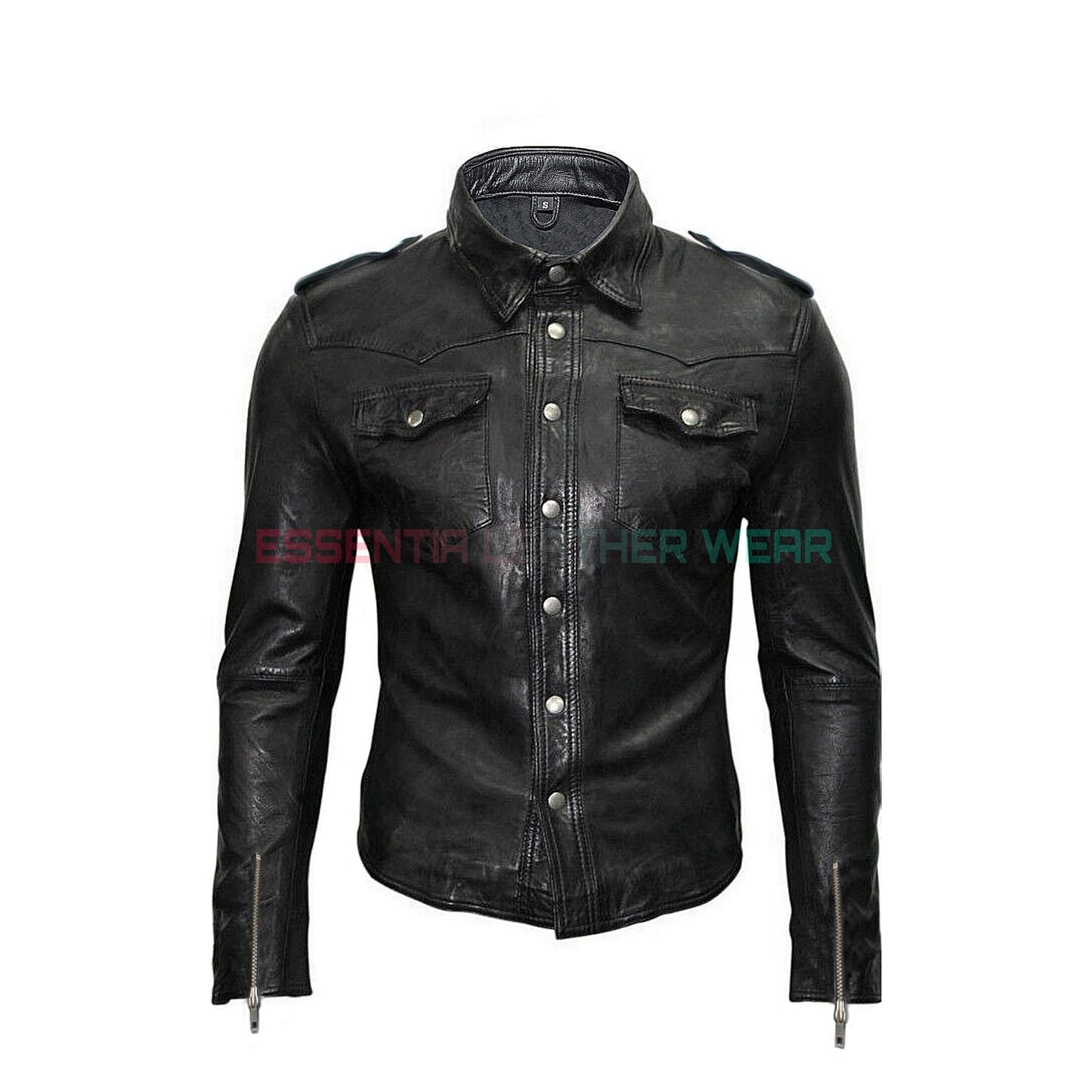 Men's Black Real Soft Lambskin Leather Handmade Fashion Shirt, Real Leather Classic Men Sheepskin Full Sleeves Party Club Wear Trucker Shirt