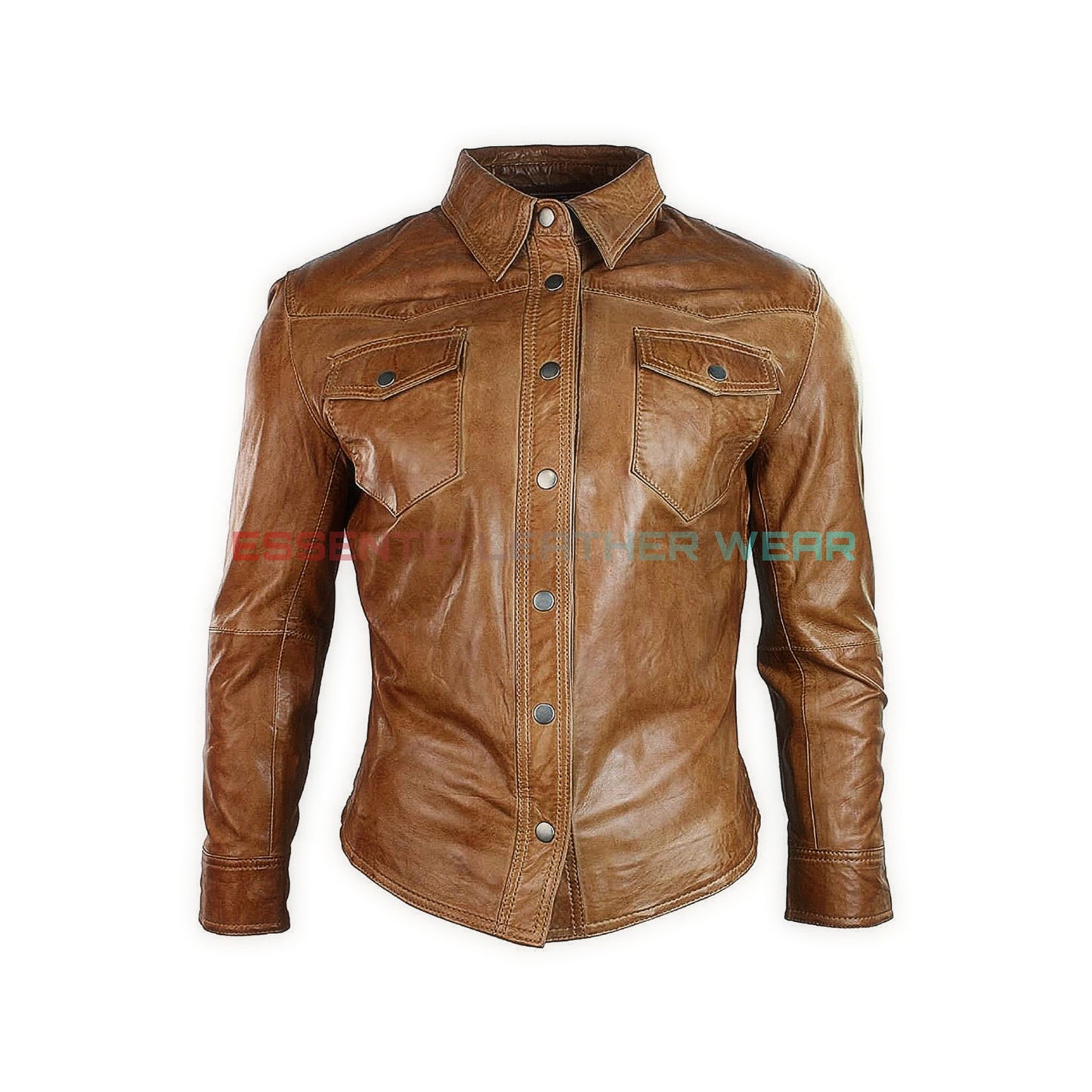 Men's Brown Genuine Lambskin Leather Handmade Trucker Shirt, Real Sheepskin Classic Full Sleeves Party Club Wear Fashion Trucker Men's Shirt