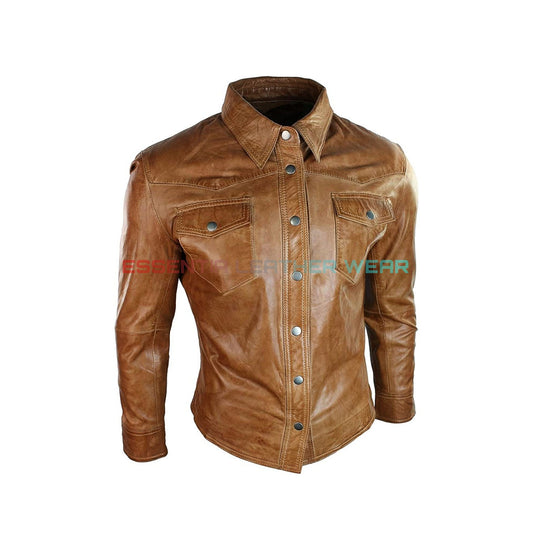 Men's Brown Genuine Lambskin Leather Handmade Trucker Shirt, Real Sheepskin Classic Full Sleeves Party Club Wear Fashion Trucker Men's Shirt