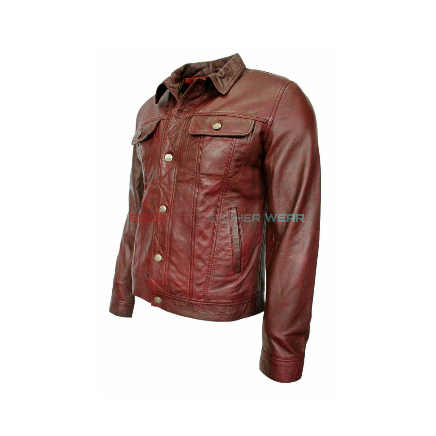 Men's Red Handmade Genuine Lambskin Leather Trucker Shirt, Men's Fashion Trucker Shirt,  Real Sheepskin Full Sleeves Party Club Wear Shirt