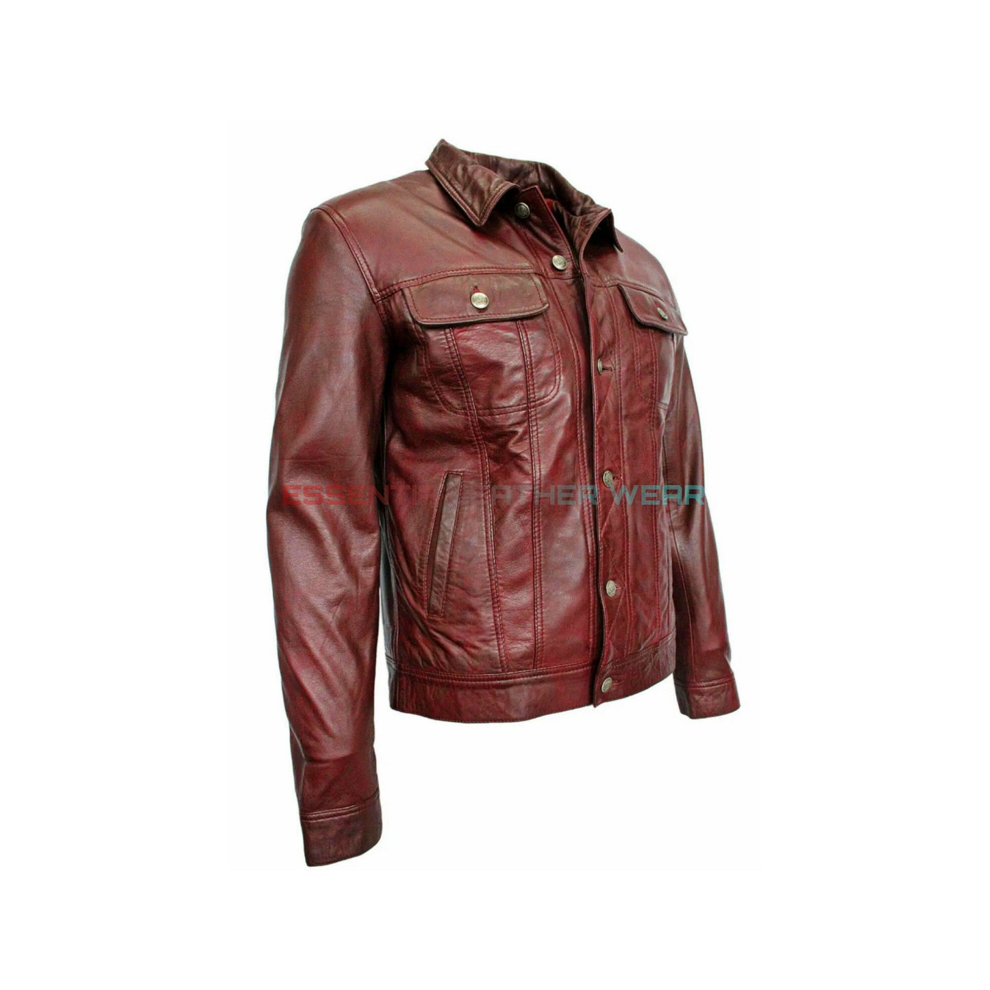 Men's Red Handmade Genuine Lambskin Leather Trucker Shirt, Men's Fashion Trucker Shirt,  Real Sheepskin Full Sleeves Party Club Wear Shirt