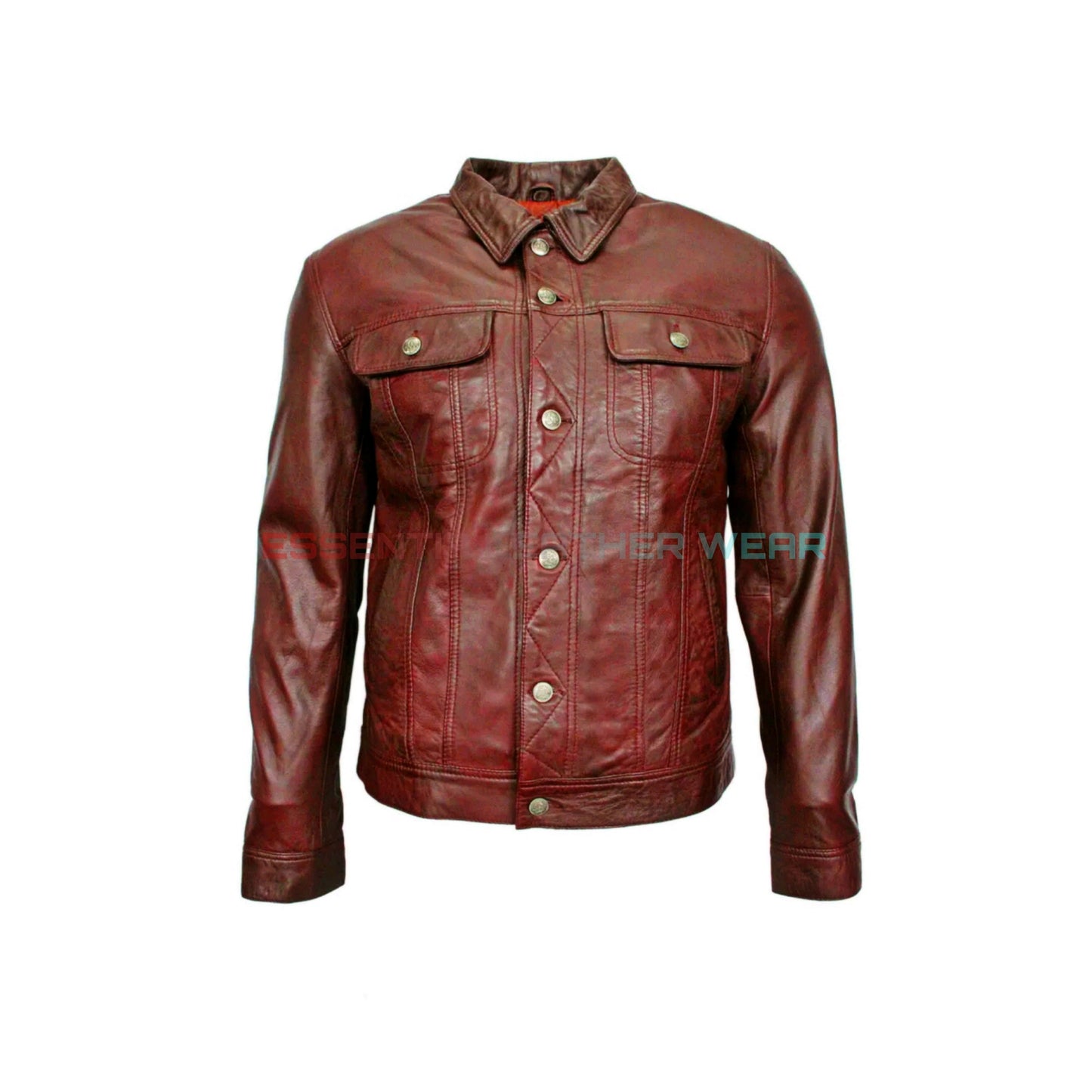 Men's Red Handmade Genuine Lambskin Leather Trucker Shirt, Men's Fashion Trucker Shirt,  Real Sheepskin Full Sleeves Party Club Wear Shirt